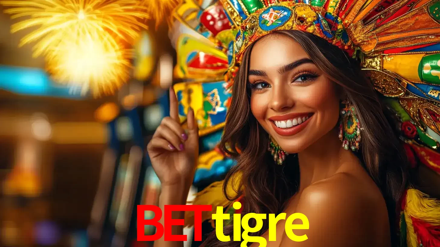 Mulher sorridente com um cocar de carnaval vibrante e colorido, celebrando uma grande vitória nos jogos do cassino bettigre com fogos de artifício ao fundo.