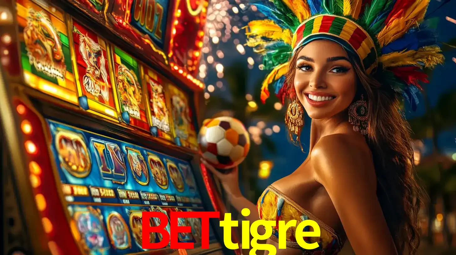 Mulher com um cocar de carnaval ao lado de uma máquina de caça-níqueis enquanto segura uma bola de futebol, mostrando a união da diversão de cassino e esportes no bettigre.