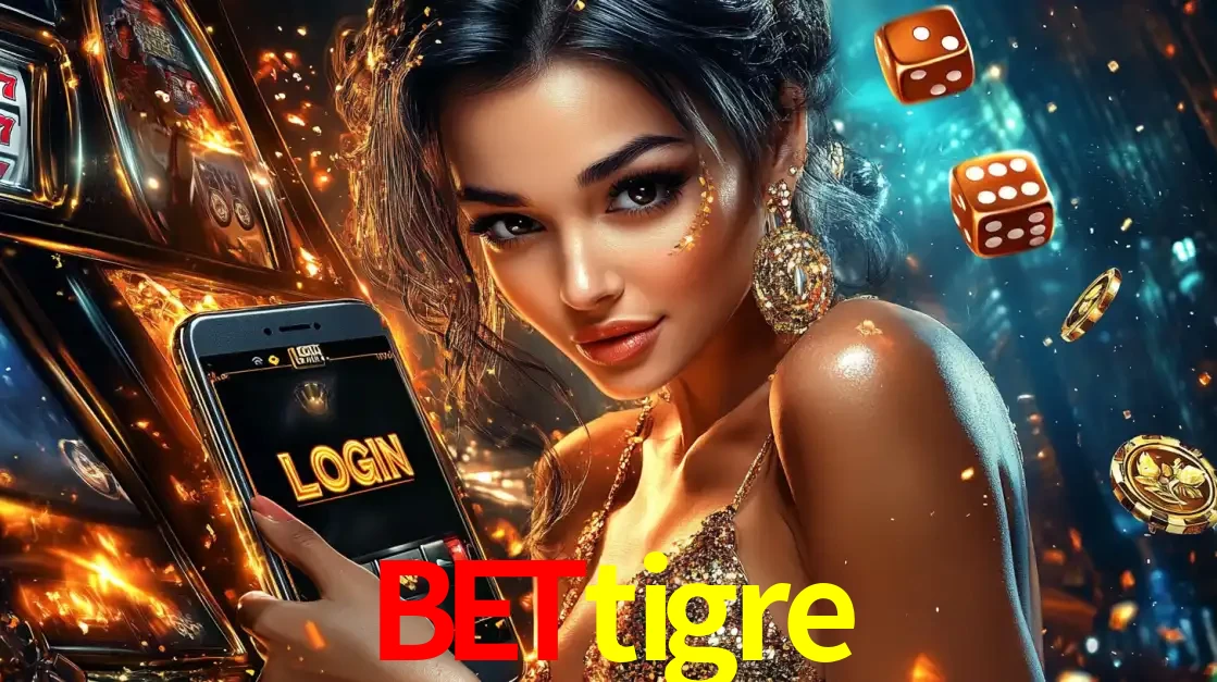 Mulher glamourosa segurando um celular com a tela de login do cassino bettigre, rodeada por dados e moedas douradas, pronta para começar a diversão.