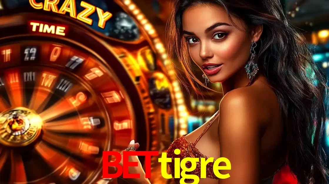 Mulher ao lado da roda de prêmios do jogo de cassino ao vivo Crazy Time, um dos shows de jogos mais emocionantes oferecidos pela plataforma de apostas bettigre.