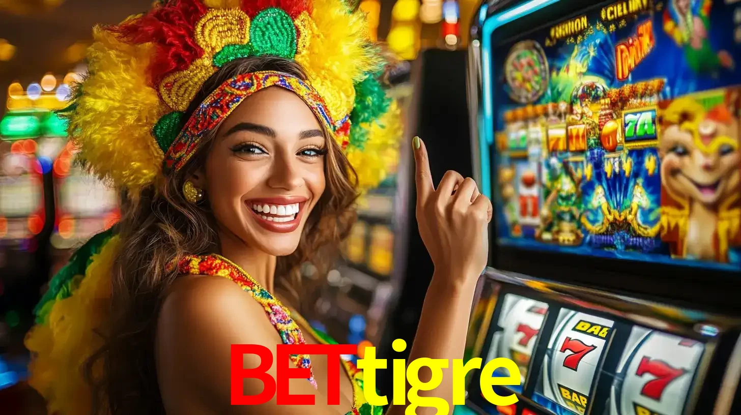 Mulher animada com um cocar de carnaval apontando para uma máquina de caça-níqueis, mostrando a emoção de ganhar um grande prêmio nos jogos do bettigre.