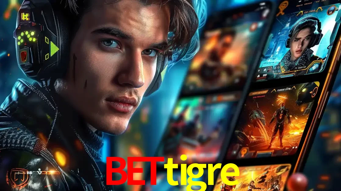 Jovem jogador com fones de ouvido olhando para a câmera, com um aplicativo de jogos e e-sports para celular ao fundo, pronto para a competição e apostas no bettigre.