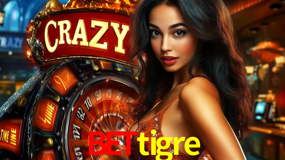 Mulher glamourosa olhando para a câmera com a roda vermelha do Crazy Time ao fundo em um ambiente de cassino, destacando a emoção dos jogos ao vivo no bettigre.