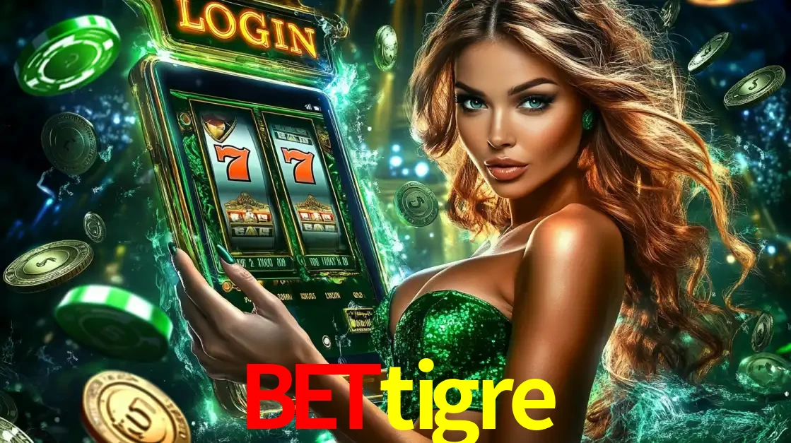 Mulher com tema verde apresentando o aplicativo do cassino bettigre com um jogo de slot de 777, cercada por fichas de cassino e uma aura de sorte.