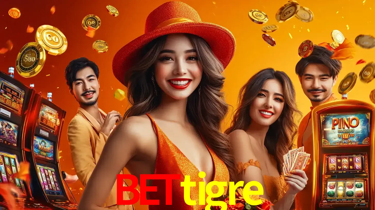 Grupo de amigos asiáticos sorrindo e se divertindo com máquinas de caça-níqueis em um ambiente festivo, celebrando suas vitórias nos jogos de cassino do bettigre.