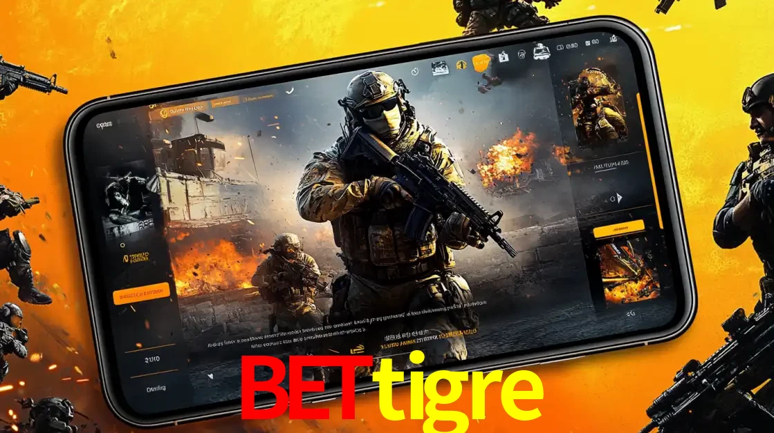 Um smartphone exibindo a interface de um jogo de tiro em primeira pessoa, com um soldado em um cenário de batalha, representando a ação dos e-sports para apostar no bettigre.