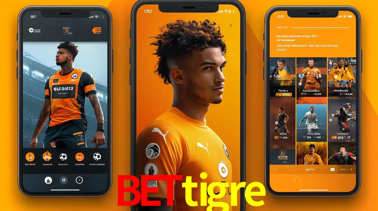 Interface do aplicativo de apostas esportivas bettigre em três telas de celular, mostrando o perfil de um jogador de futebol e a lista de jogos disponíveis para apostar.