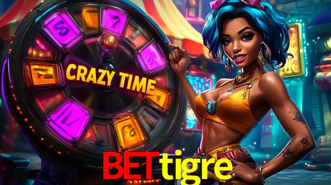 Mulher estilizada com cabelo azul e visual vibrante posando ao lado da roda de prêmios do game show Crazy Time, convidando para a diversão e os bônus do cassino bettigre.