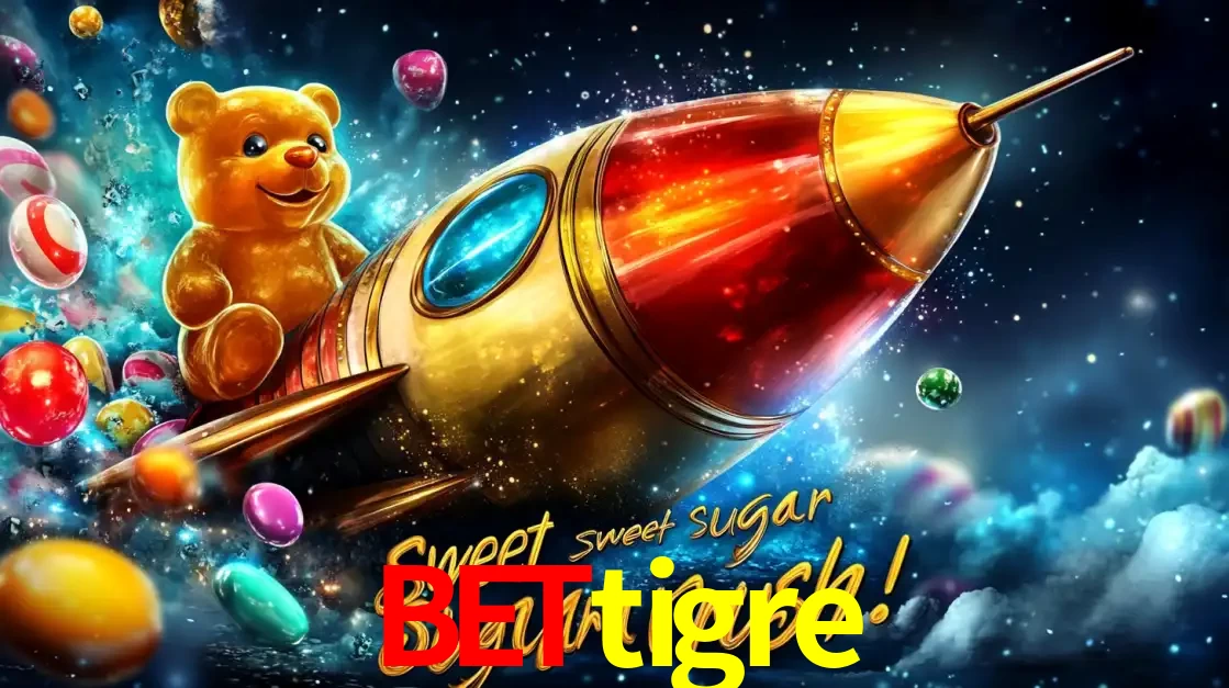 Arte promocional do jogo de slot Sugar Rush, com um urso de pelúcia em um foguete viajando pelo espaço de doces, um dos jogos divertidos disponíveis no cassino bettigre.