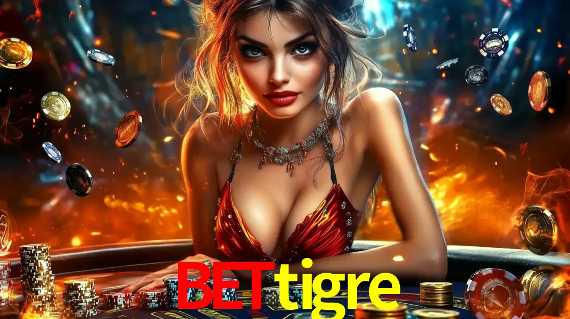 Mulher em uma mesa de cassino com pilhas de fichas e um fundo de fogo, pronta para uma rodada de altas apostas nos jogos de mesa emocionantes do cassino bettigre.