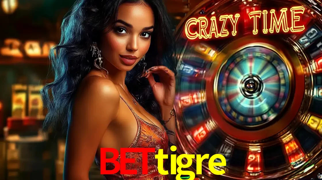 Mulher elegante ao lado da vibrante roda da fortuna do jogo de cassino ao vivo Crazy Time, um dos game shows mais populares e cheios de prêmios do bettigre.