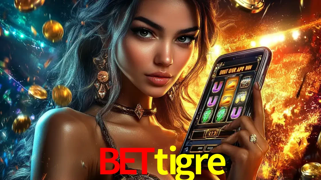 Mulher elegante mostrando um jogo de caça-níqueis em seu smartphone, destacando a experiência de cassino móvel oferecida pelo aplicativo bettigre.