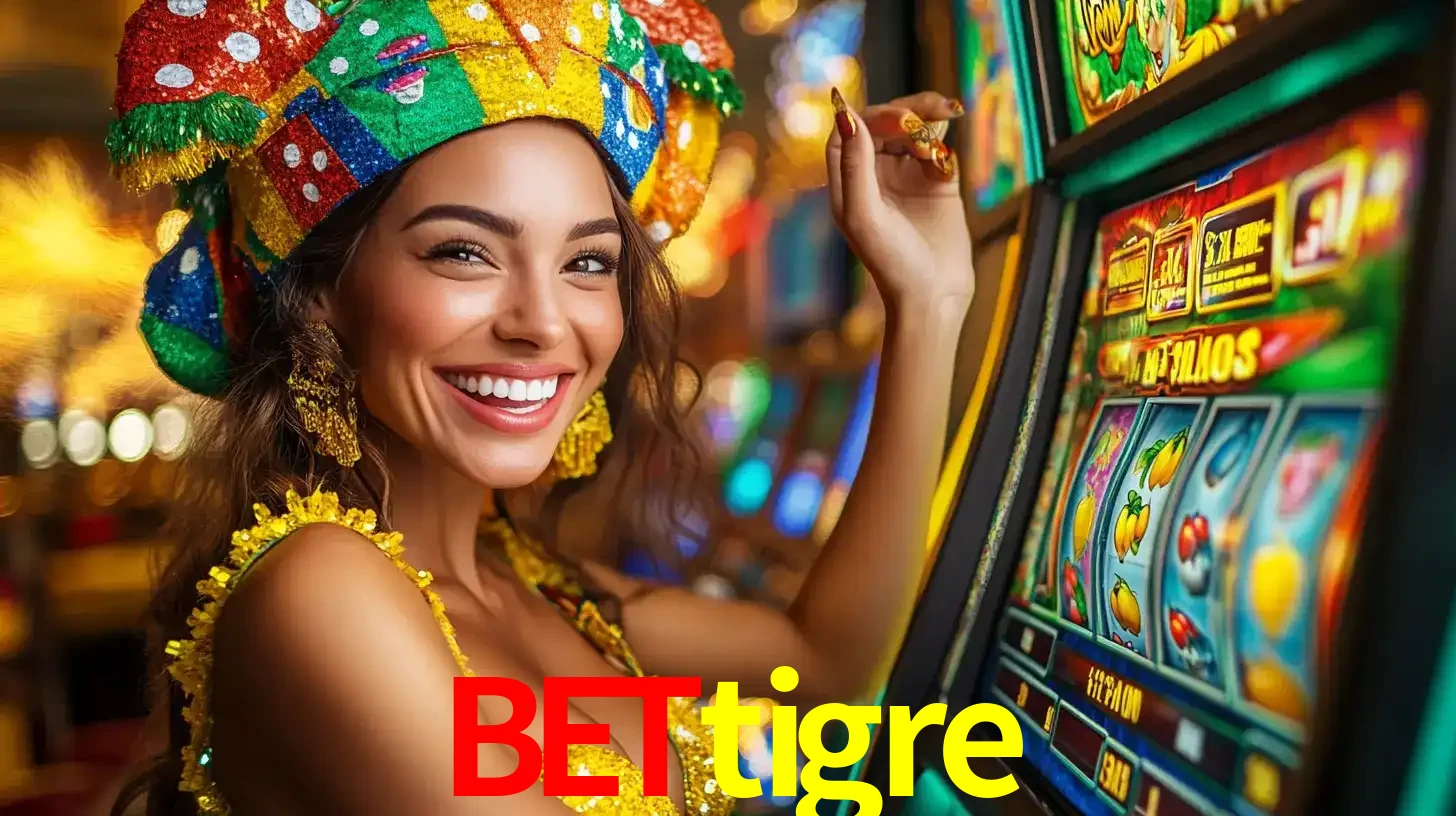 Mulher feliz com traje de carnaval amarelo e colorido ao lado de uma máquina de caça-níqueis, aproveitando a diversão e os jogos temáticos do cassino bettigre.
