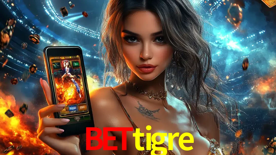Mulher segurando um celular com um jogo de slot em destaque, tendo como fundo um estádio vibrante, simbolizando a emoção de jogar no cassino móvel bettigre.