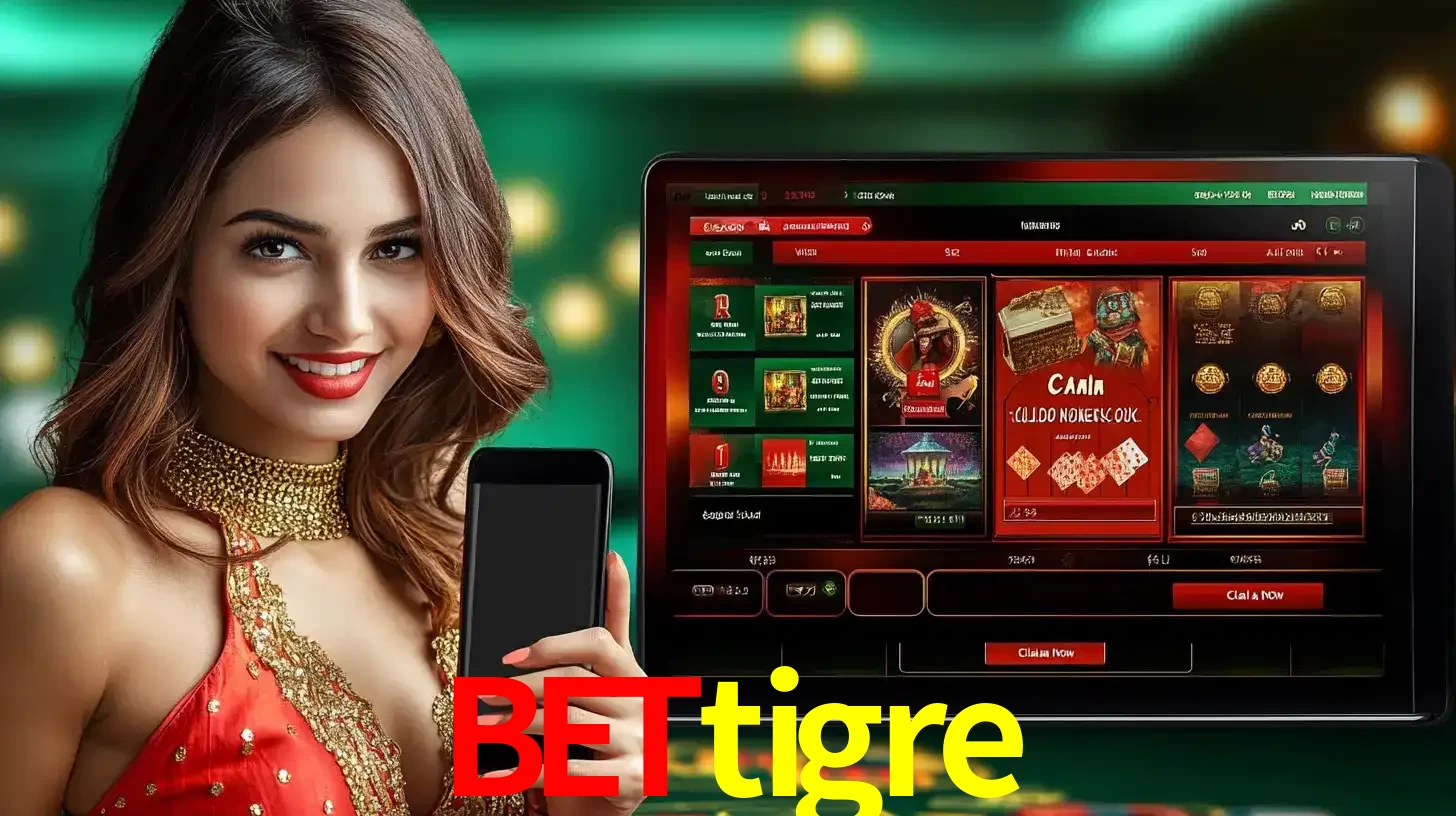 Mulher sorridente segurando um smartphone, ao lado de uma tela exibindo o lobby de jogos do cassino online bettigre, com várias opções de jogos de cartas e slots.